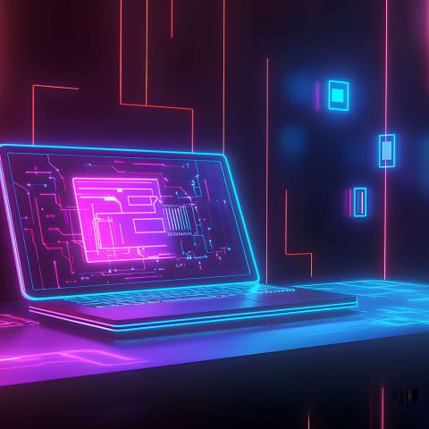 Illustrated computer with colorful background